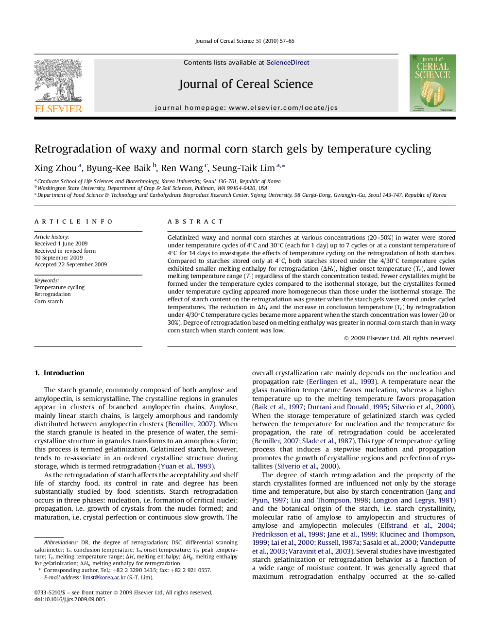 Retrogradation of waxy and normal corn starch gels by temperature cycling