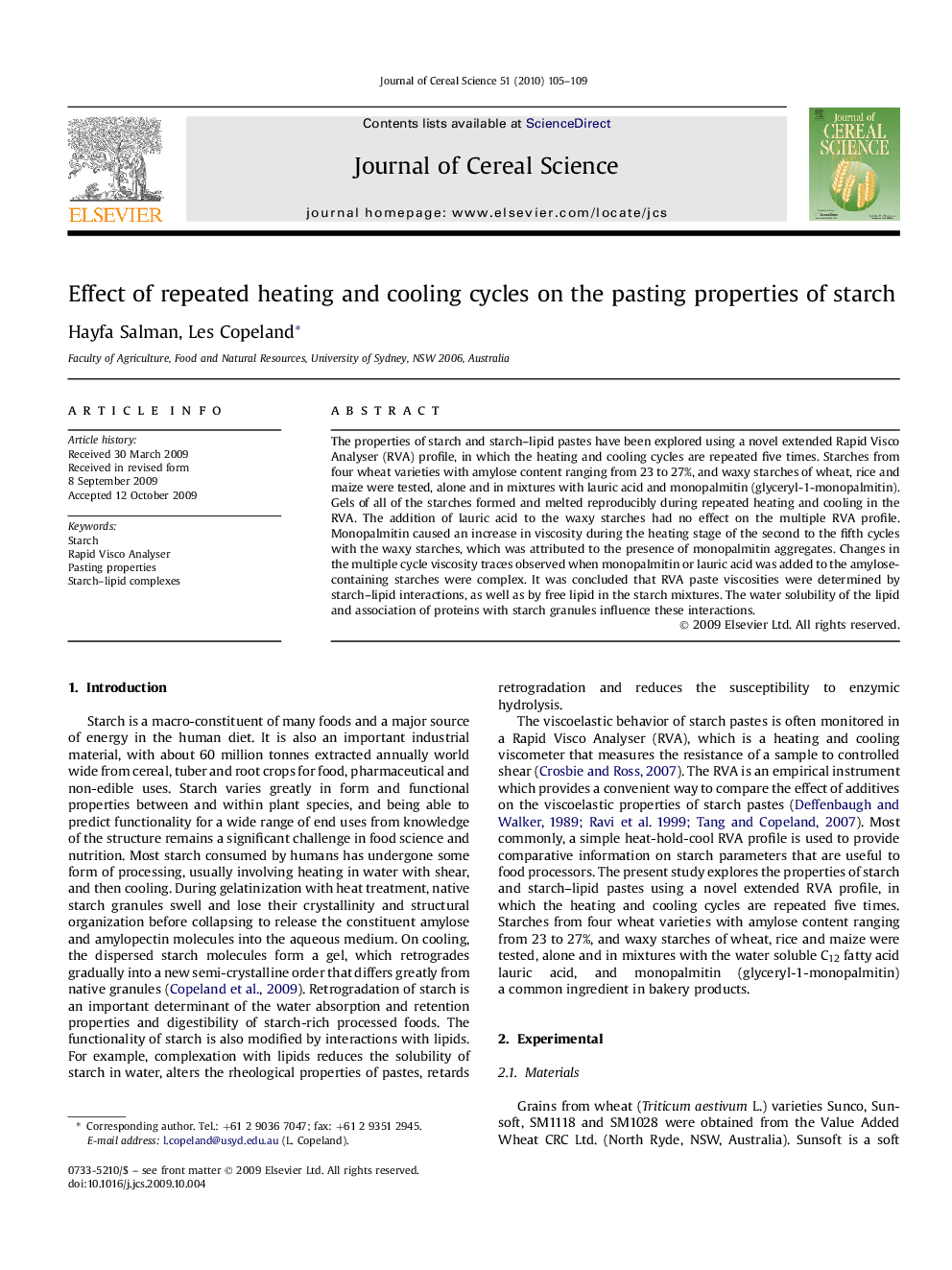 Effect of repeated heating and cooling cycles on the pasting properties of starch