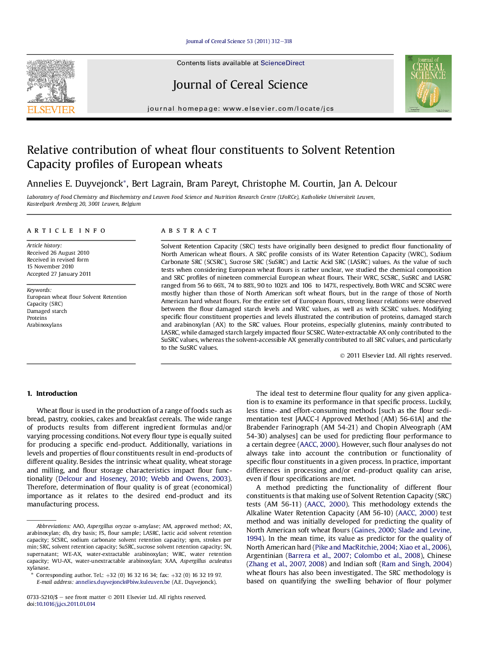 Relative contribution of wheat flour constituents to Solvent Retention Capacity profiles of European wheats