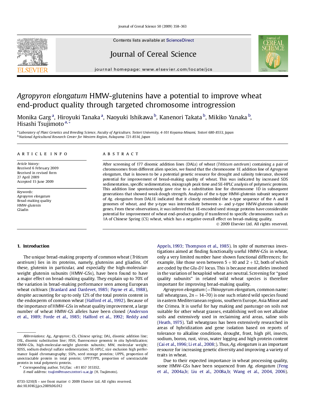 Agropyron elongatum HMW-glutenins have a potential to improve wheat end-product quality through targeted chromosome introgression