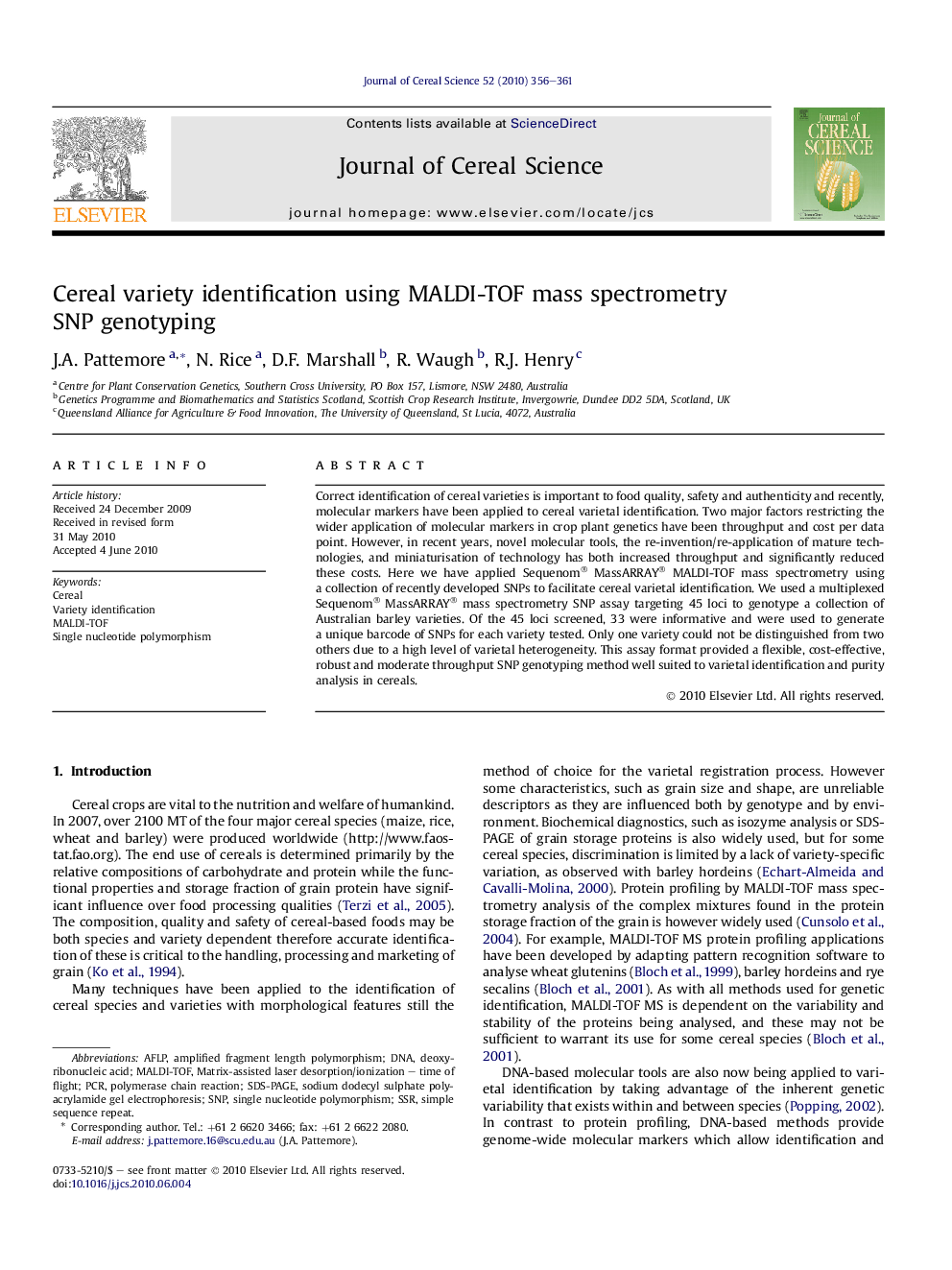 Cereal variety identification using MALDI-TOF mass spectrometry SNP genotyping