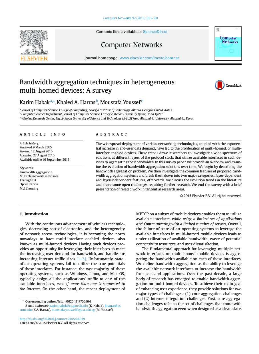 Bandwidth aggregation techniques in heterogeneous multi-homed devices: A survey