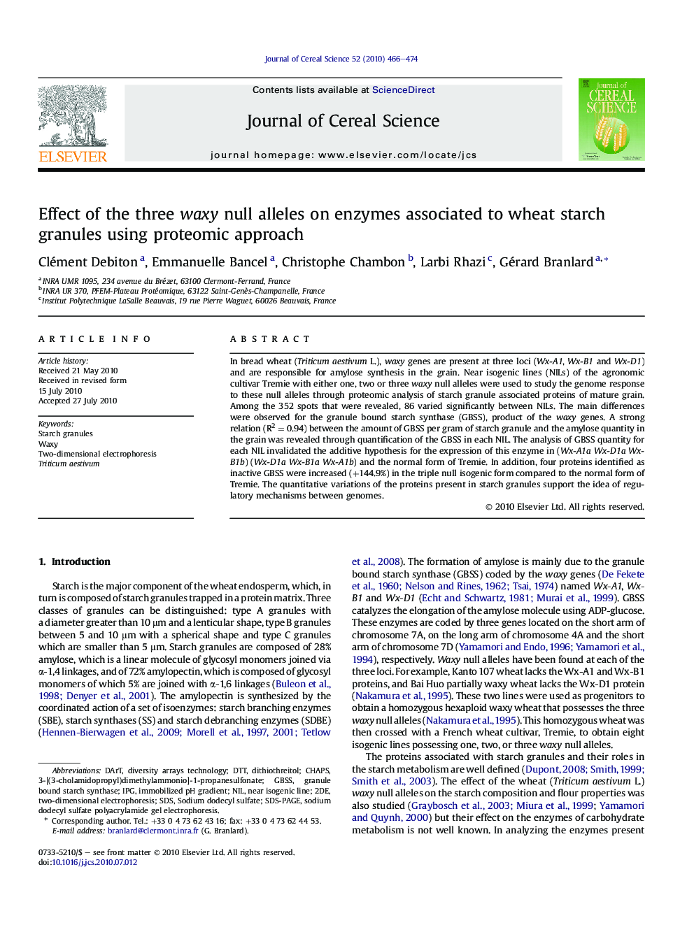 Effect of the three waxy null alleles on enzymes associated to wheat starch granules using proteomic approach