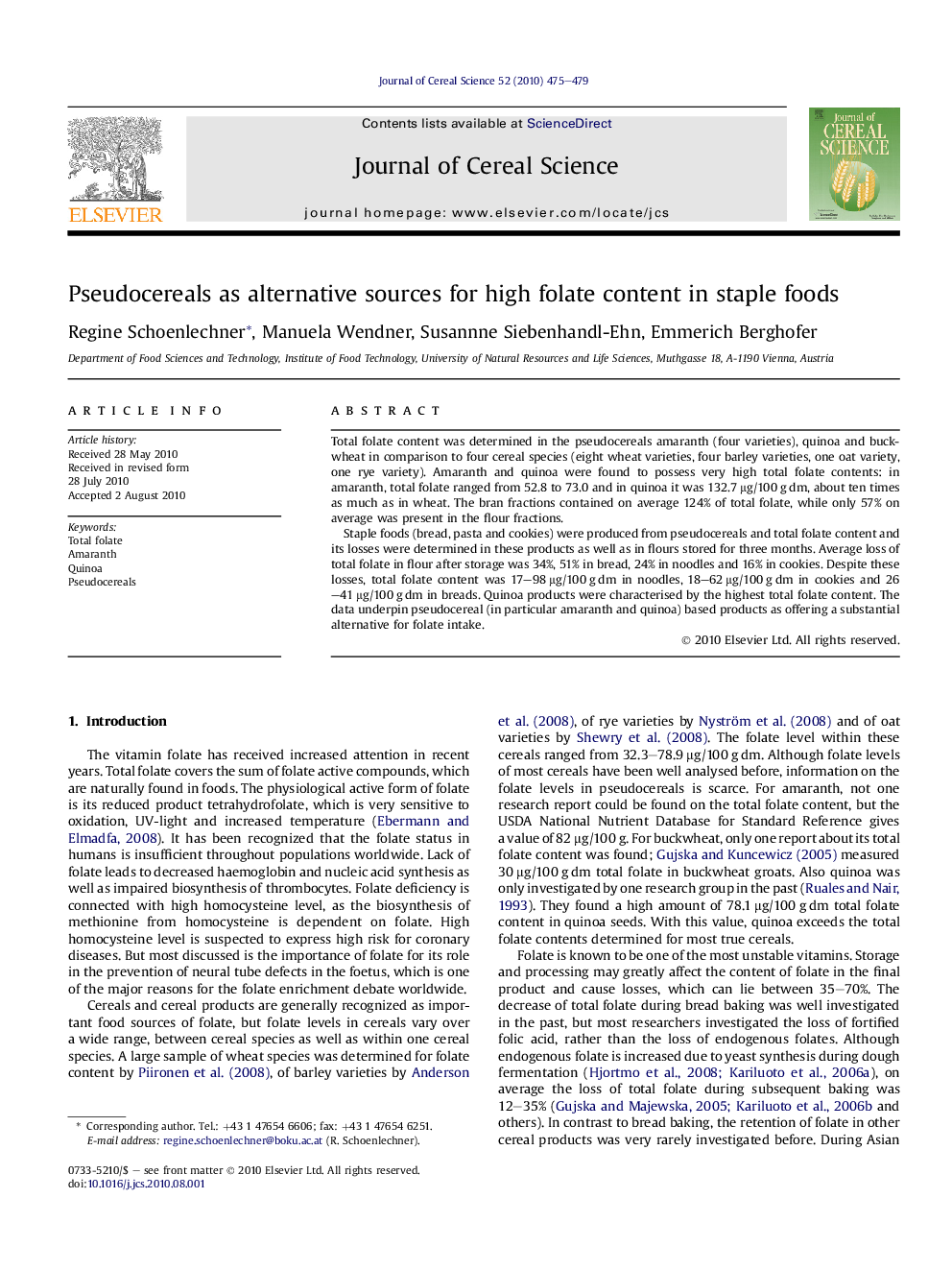 Pseudocereals as alternative sources for high folate content in staple foods