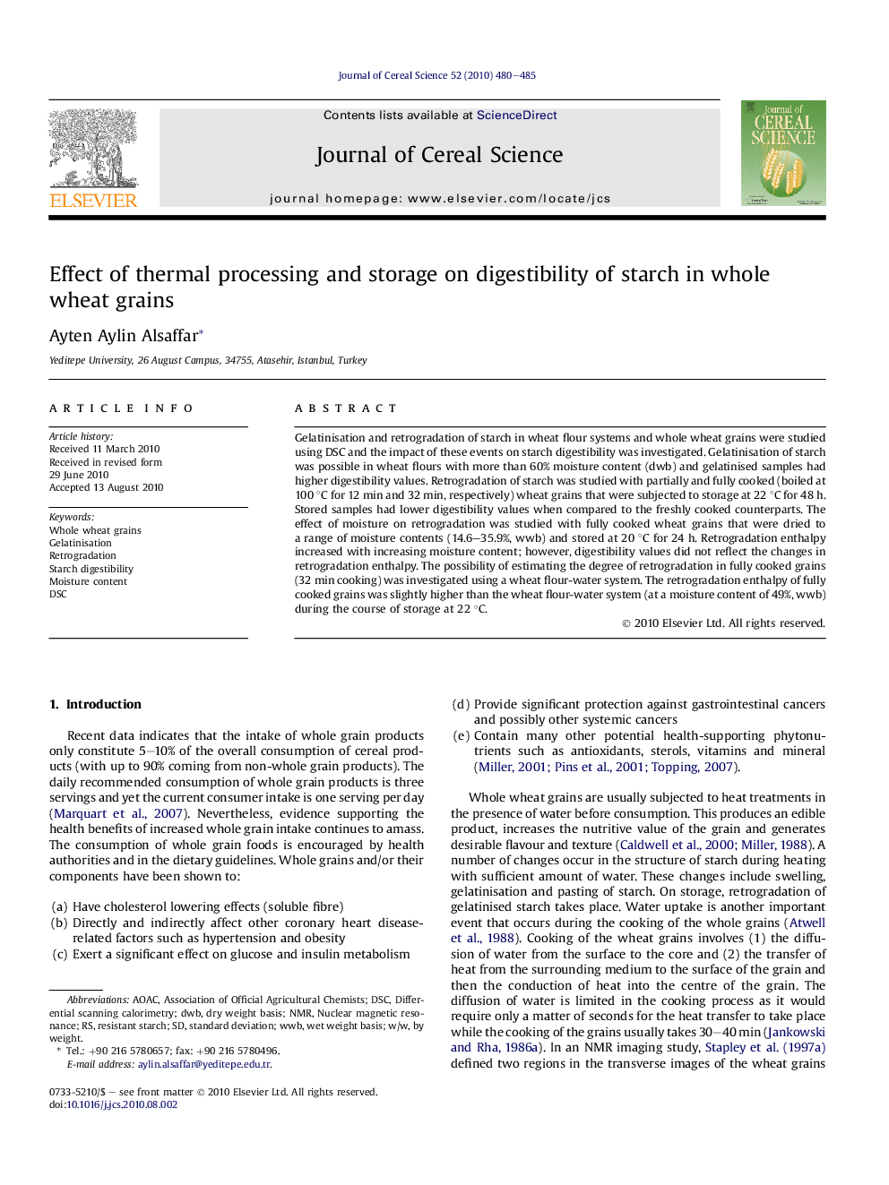 Effect of thermal processing and storage on digestibility of starch in whole wheat grains