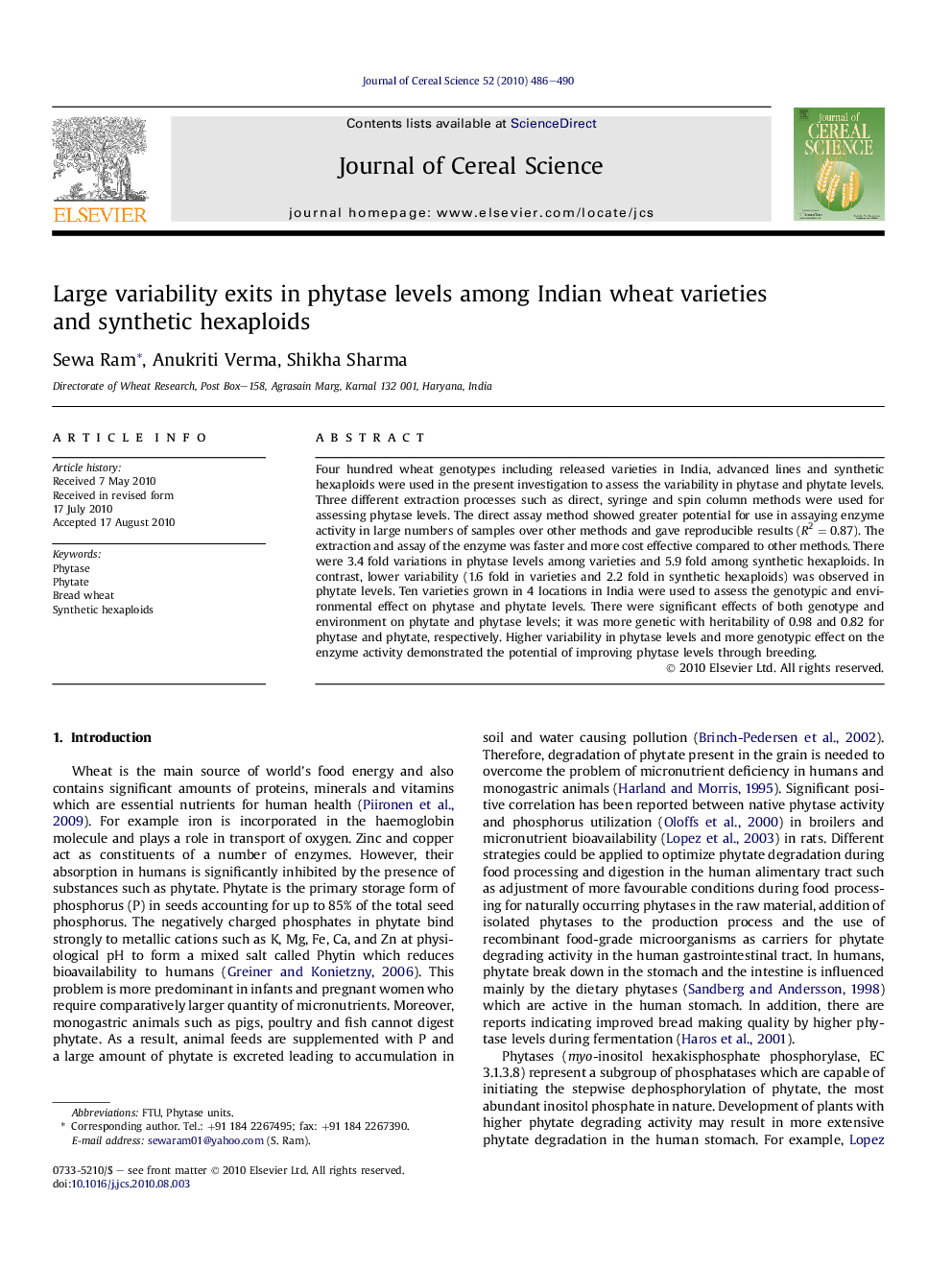 Large variability exits in phytase levels among Indian wheat varieties and synthetic hexaploids