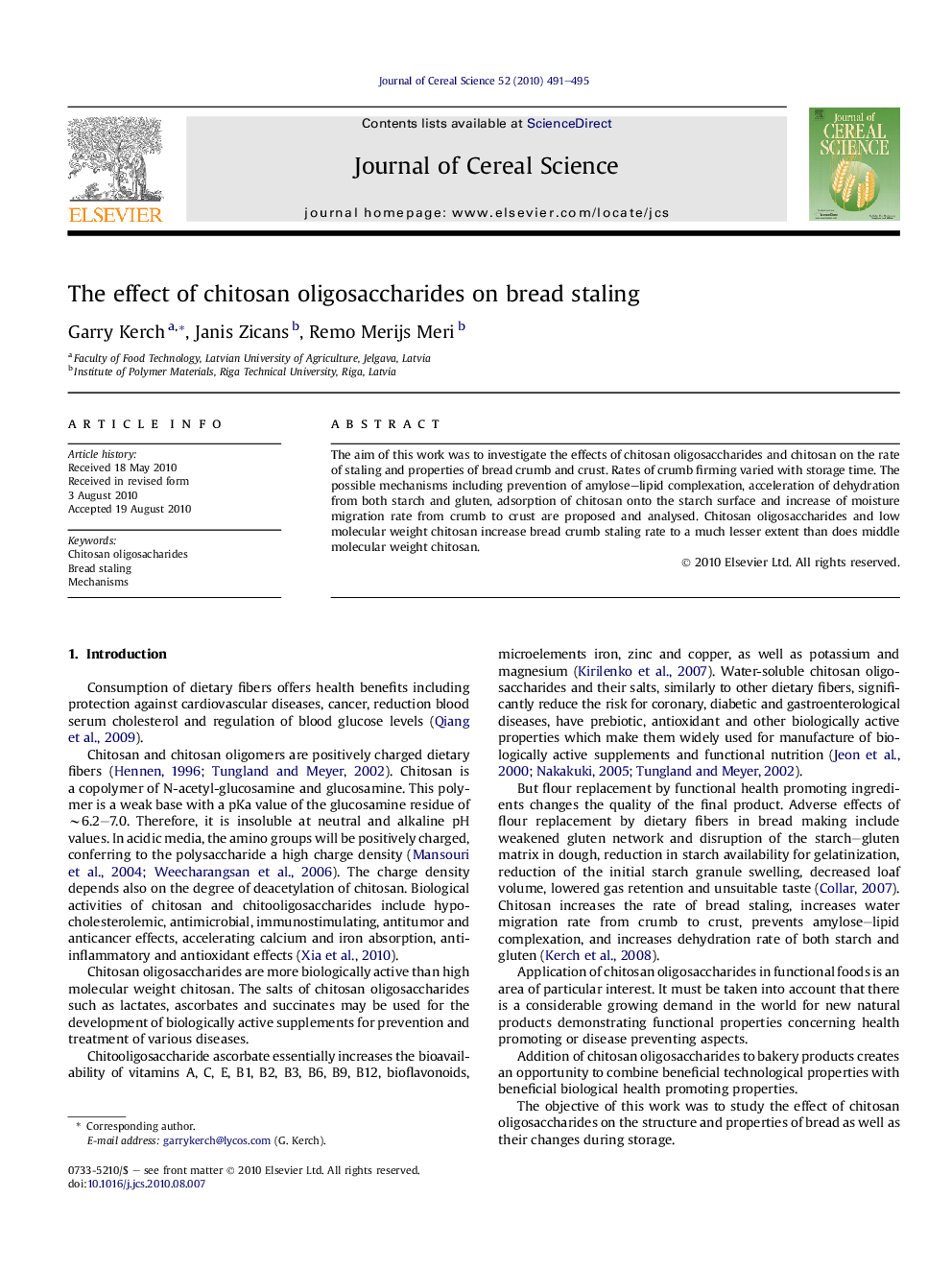 The effect of chitosan oligosaccharides on bread staling