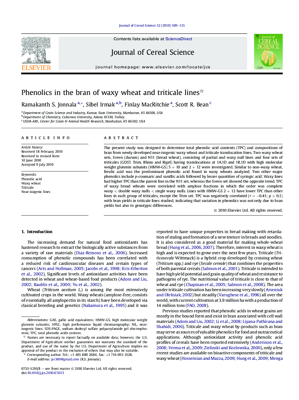 Phenolics in the bran of waxy wheat and triticale lines 