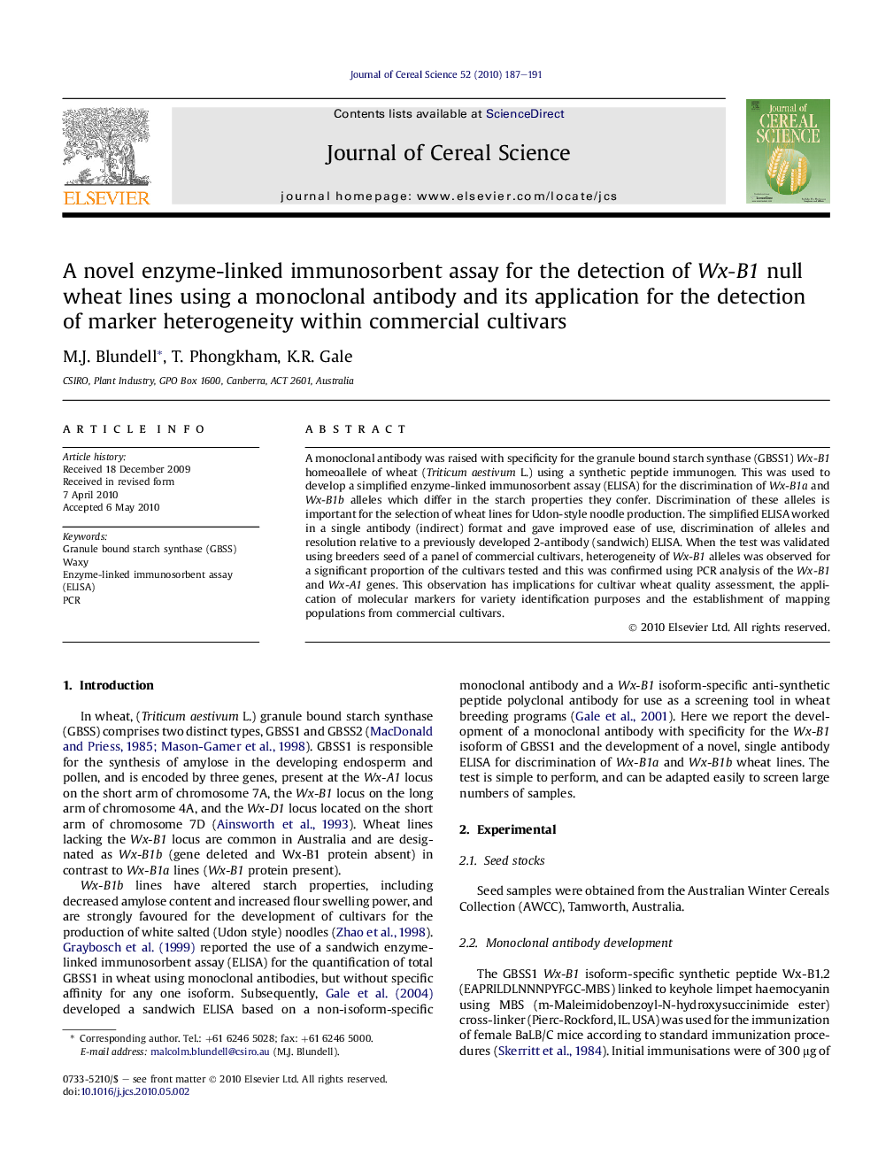 A novel enzyme-linked immunosorbent assay for the detection of Wx-B1 null wheat lines using a monoclonal antibody and its application for the detection of marker heterogeneity within commercial cultivars