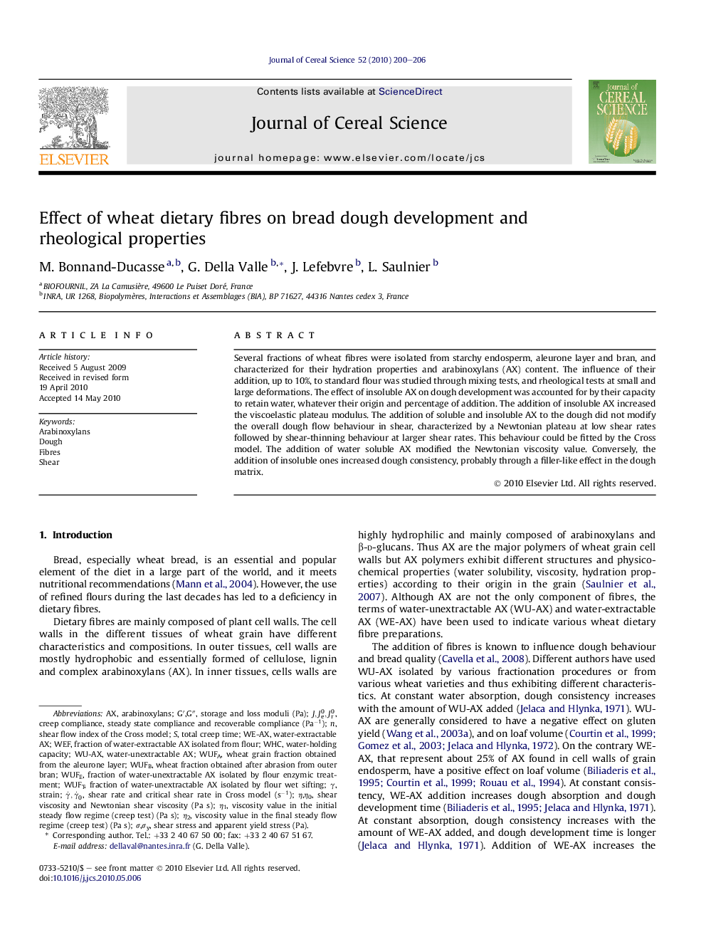 عکس صفحه اول مقاله: Effect of wheat dietary fibres on bread dough development and rheological properties Effect of wheat dietary fibres on bread dough development and rheological properties