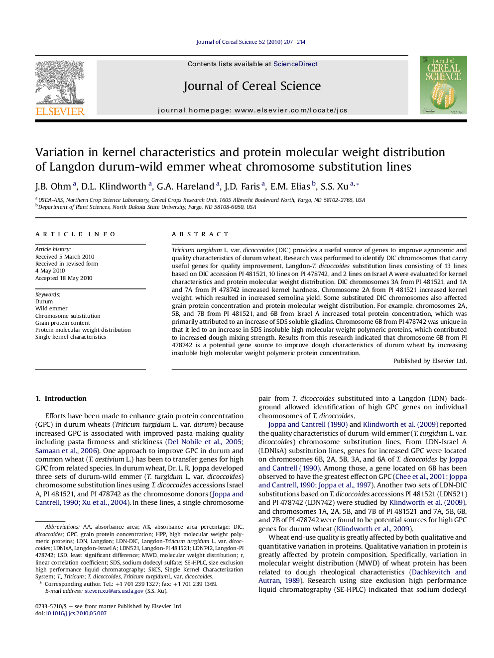 Variation in kernel characteristics and protein molecular weight distribution of Langdon durum-wild emmer wheat chromosome substitution lines