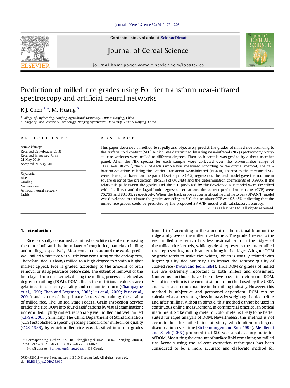 Prediction of milled rice grades using Fourier transform near-infrared spectroscopy andÂ artificial neural networks