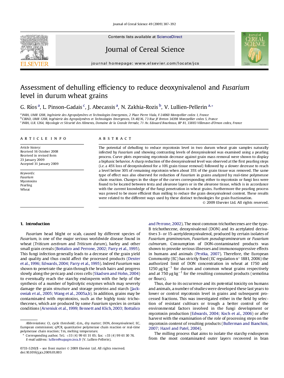 Assessment of dehulling efficiency to reduce deoxynivalenol and Fusarium level in durum wheat grains