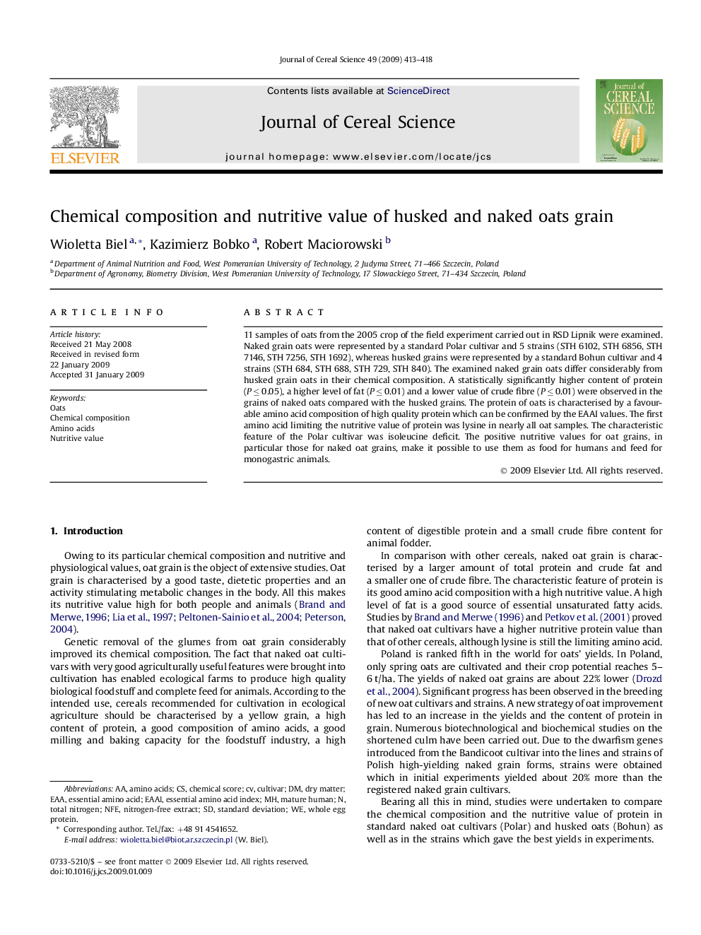 Chemical composition and nutritive value of husked and naked oats grain