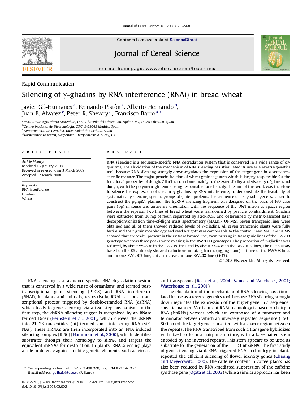 Silencing of γ-gliadins by RNA interference (RNAi) in bread wheat