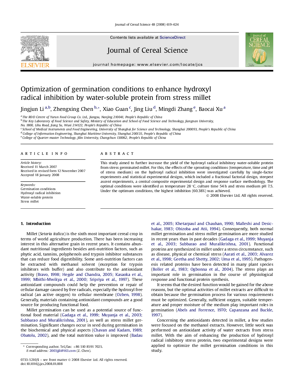 Optimization of germination conditions to enhance hydroxyl radical inhibition by water-soluble protein from stress millet