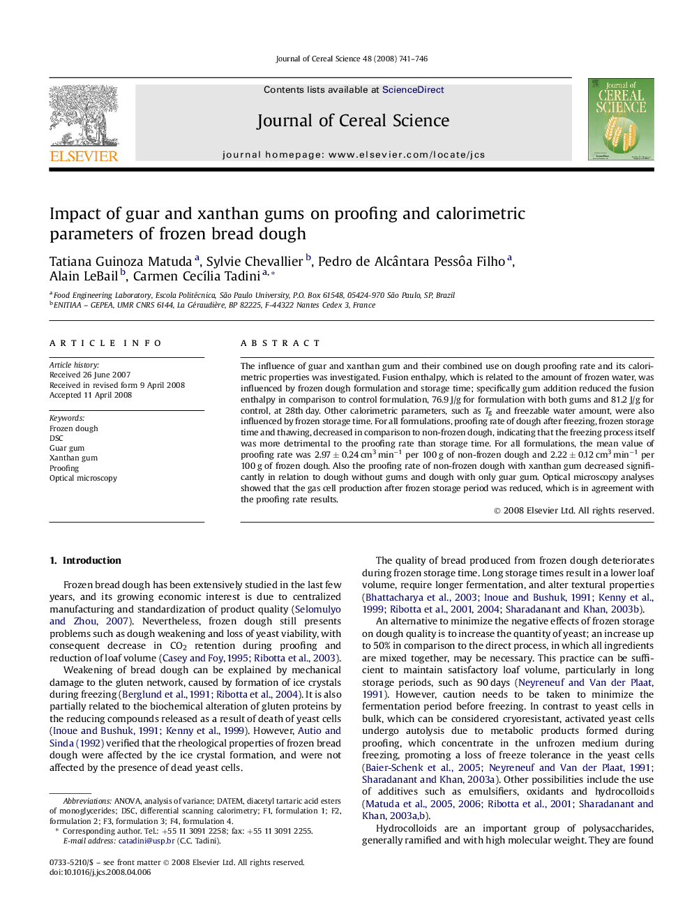 Impact of guar and xanthan gums on proofing and calorimetric parameters of frozen bread dough