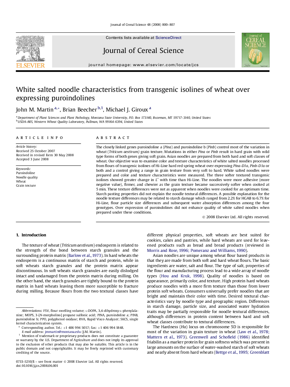 White salted noodle characteristics from transgenic isolines of wheat over expressing puroindolines