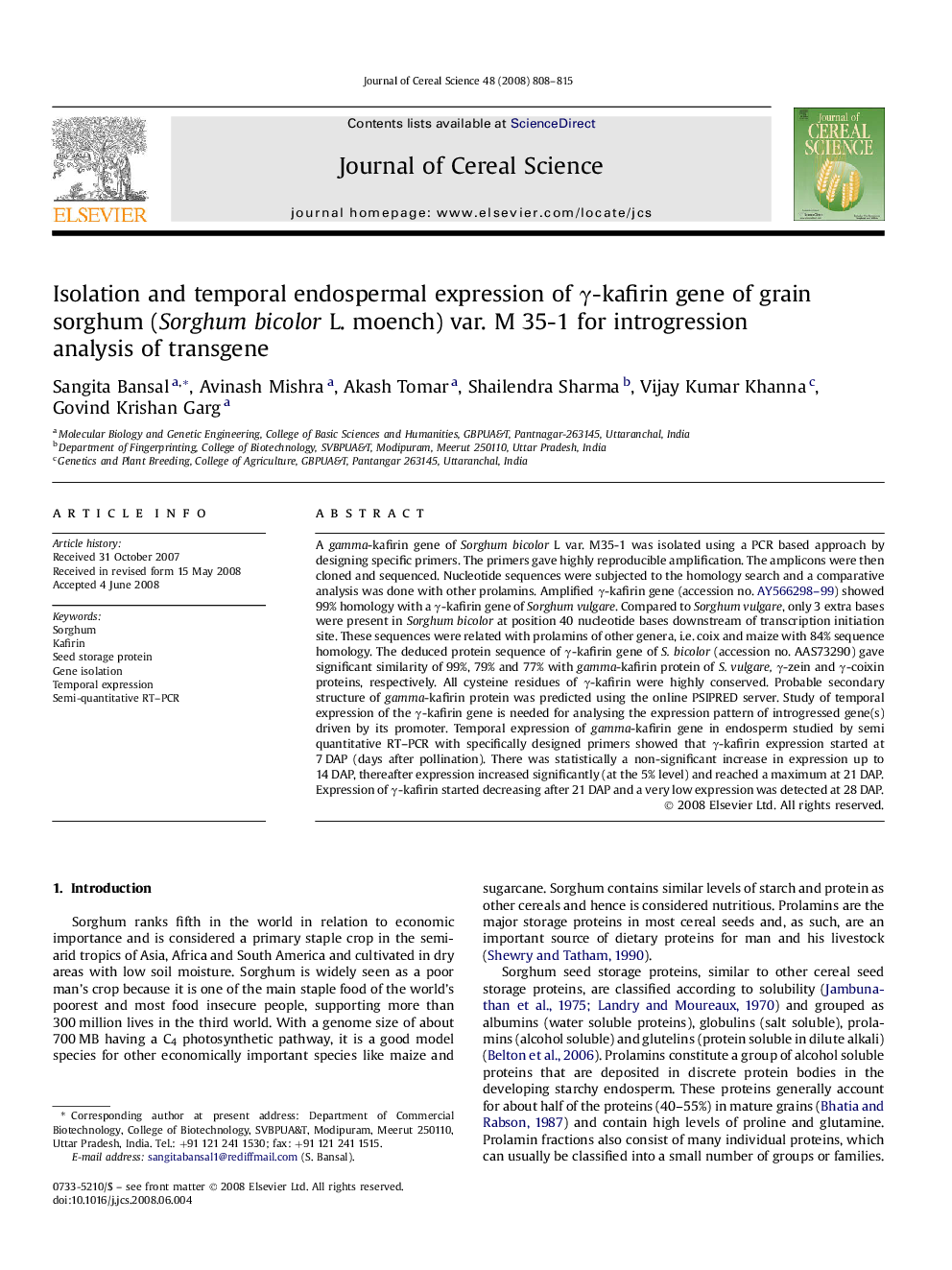 Isolation and temporal endospermal expression of γ-kafirin gene of grain sorghum (Sorghum bicolor L. moench) var. M 35-1 for introgression analysis of transgene