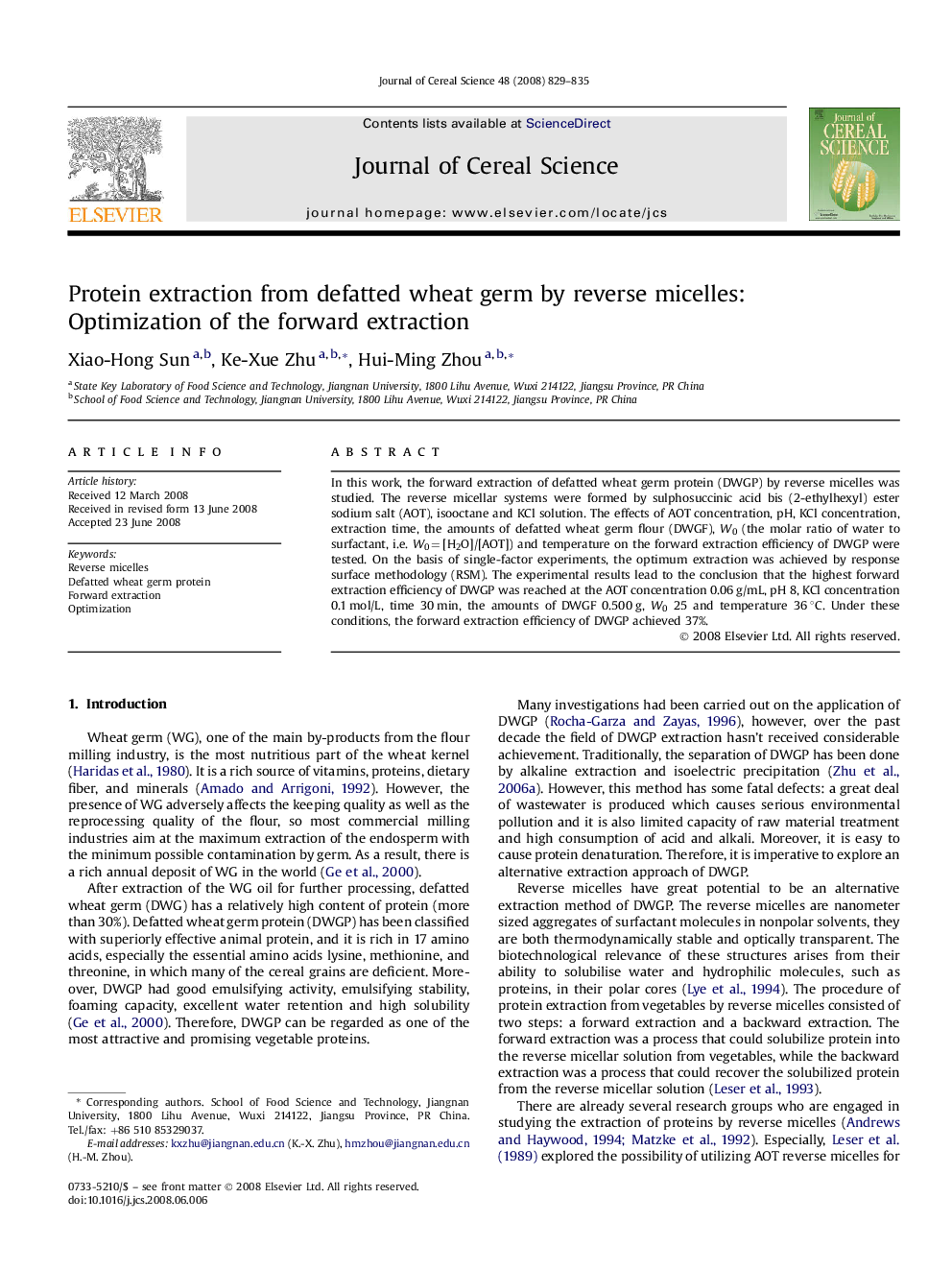 Protein extraction from defatted wheat germ by reverse micelles: Optimization of the forward extraction