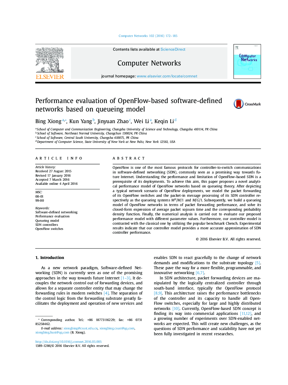 Performance evaluation of OpenFlow-based software-defined networks based on queueing model