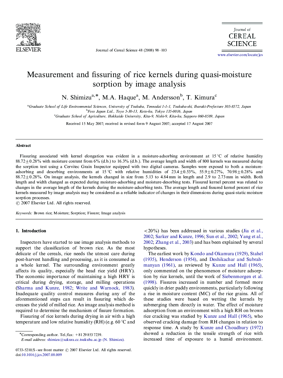 Measurement and fissuring of rice kernels during quasi-moisture sorption by image analysis