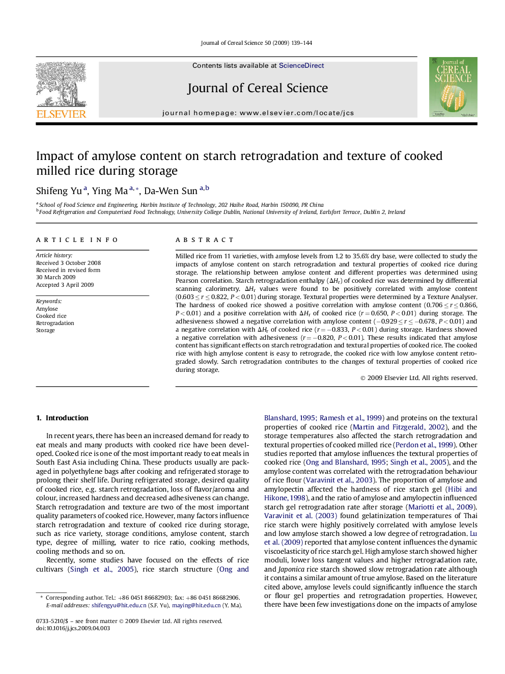 Impact of amylose content on starch retrogradation and texture of cooked milled rice during storage