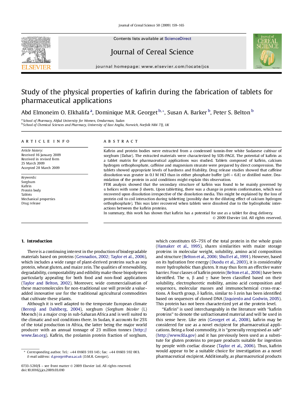 Study of the physical properties of kafirin during the fabrication of tablets for pharmaceutical applications