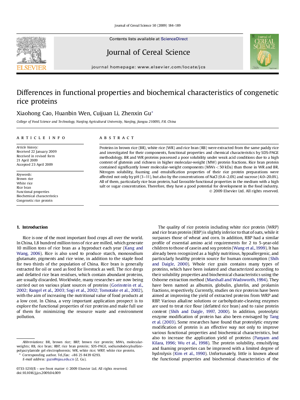 Differences in functional properties and biochemical characteristics of congenetic rice proteins