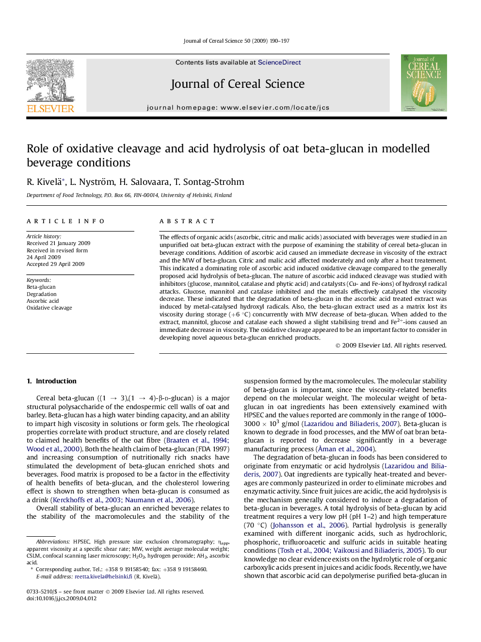 Role of oxidative cleavage and acid hydrolysis of oat beta-glucan in modelled beverage conditions