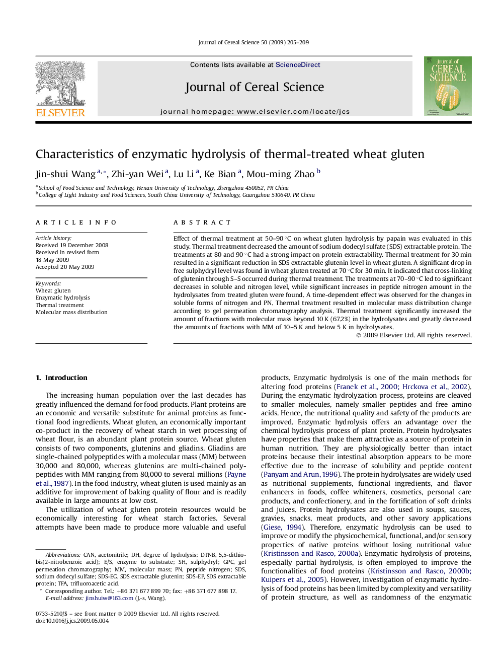 Characteristics of enzymatic hydrolysis of thermal-treated wheat gluten