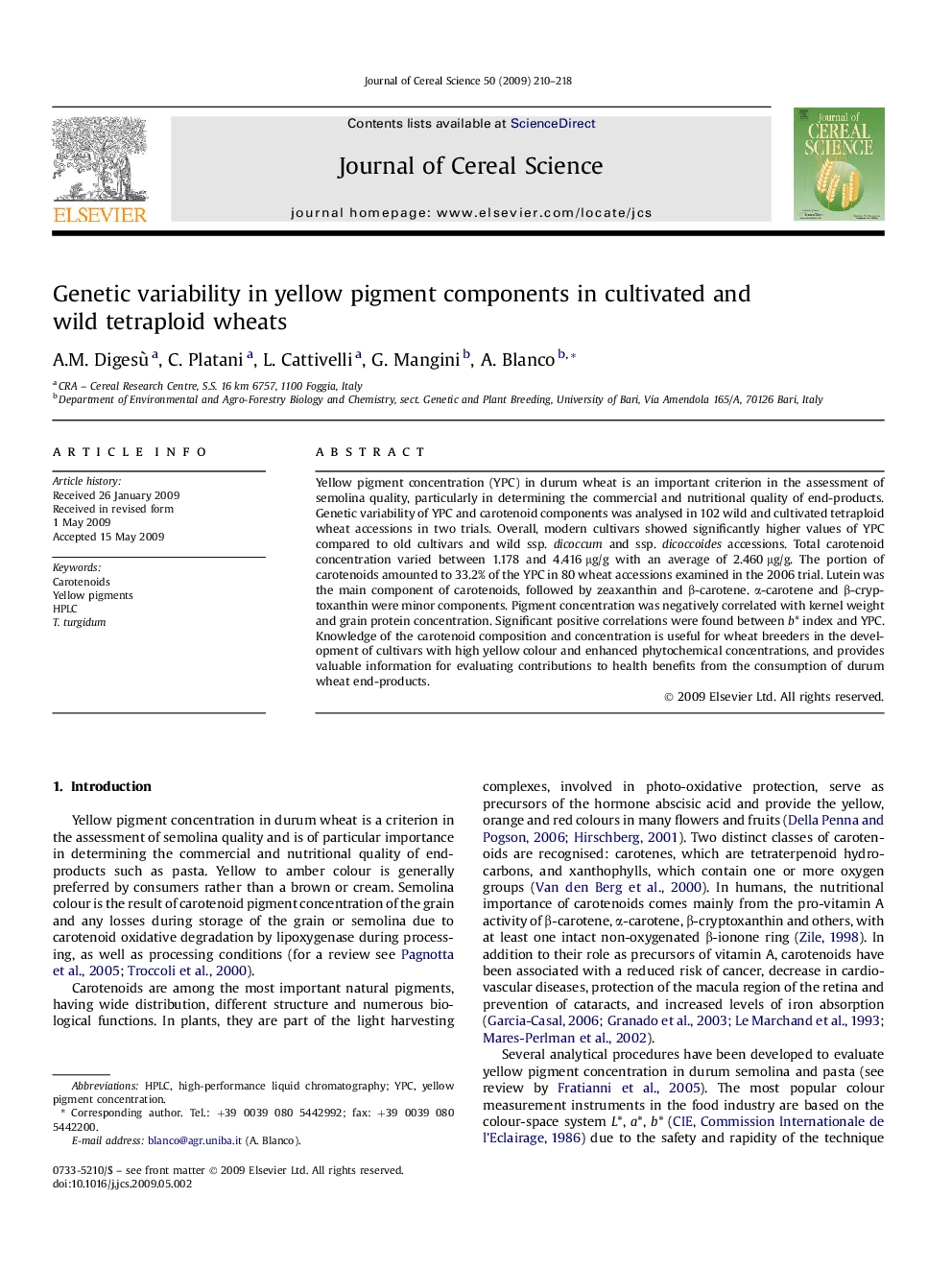 Genetic variability in yellow pigment components in cultivated and wild tetraploid wheats