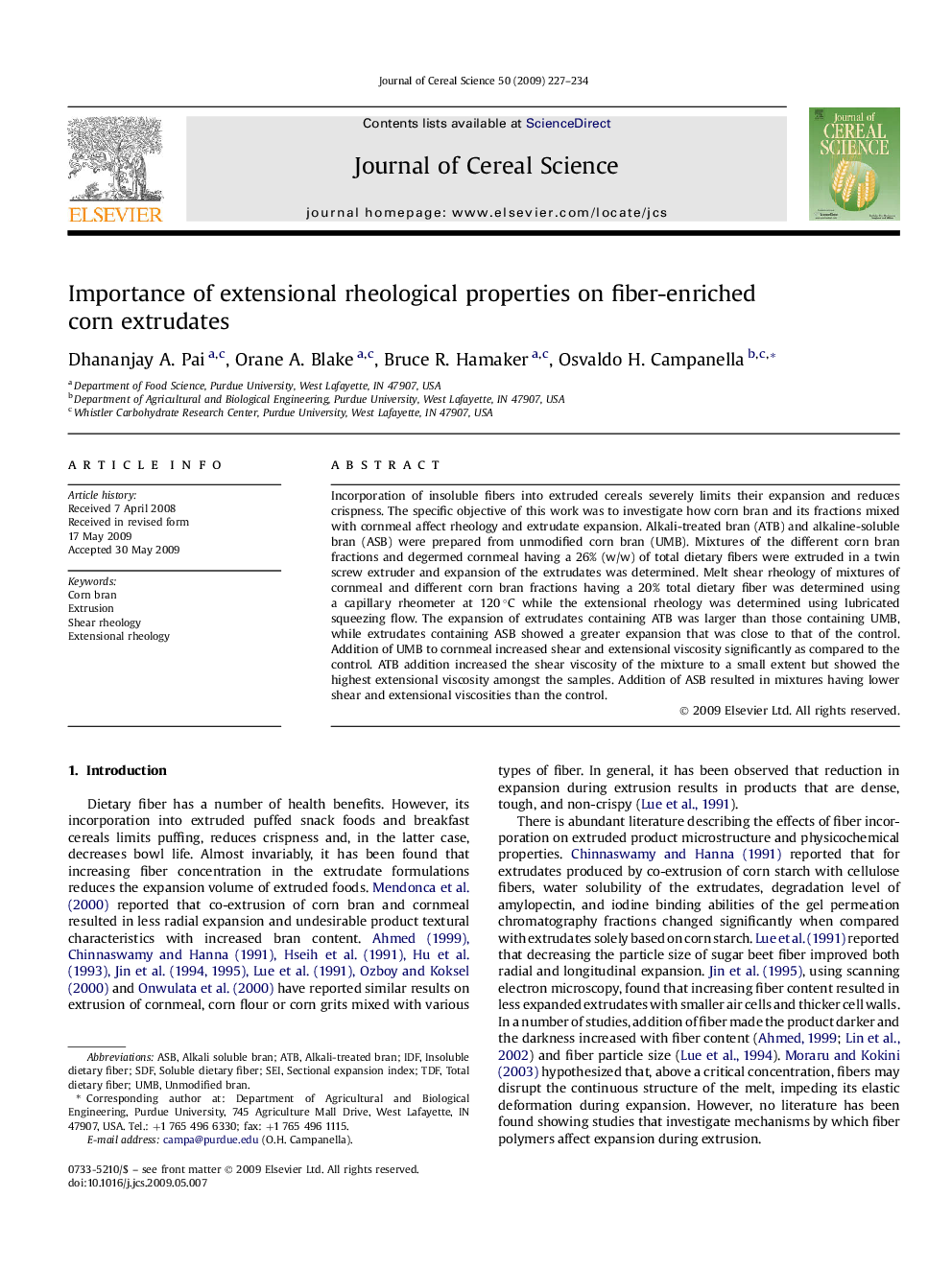 عکس صفحه اول مقاله: Importance of extensional rheological properties on fiber-enriched corn extrudates Importance of extensional rheological properties on fiber-enriched corn extrudates