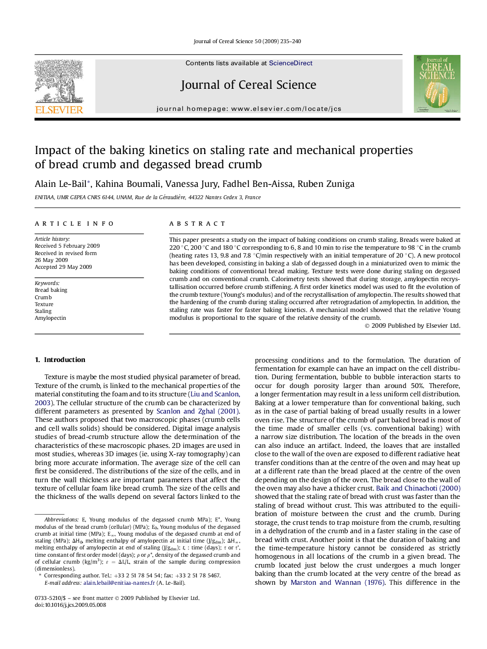 Impact of the baking kinetics on staling rate and mechanical properties of bread crumb and degassed bread crumb