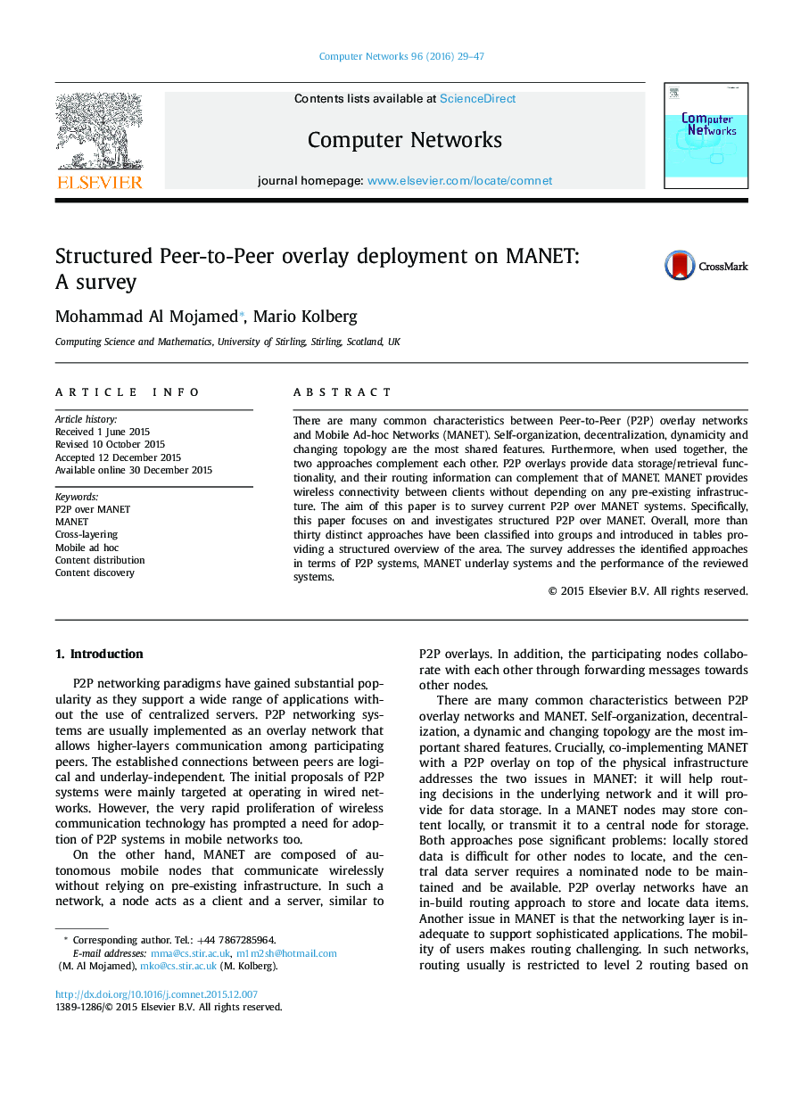 Structured Peer-to-Peer overlay deployment on MANET: A survey
