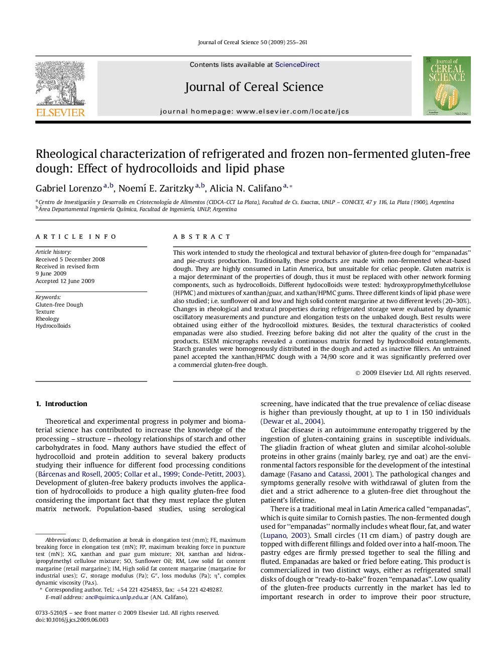 Rheological characterization of refrigerated and frozen non-fermented gluten-free dough: Effect of hydrocolloids and lipid phase