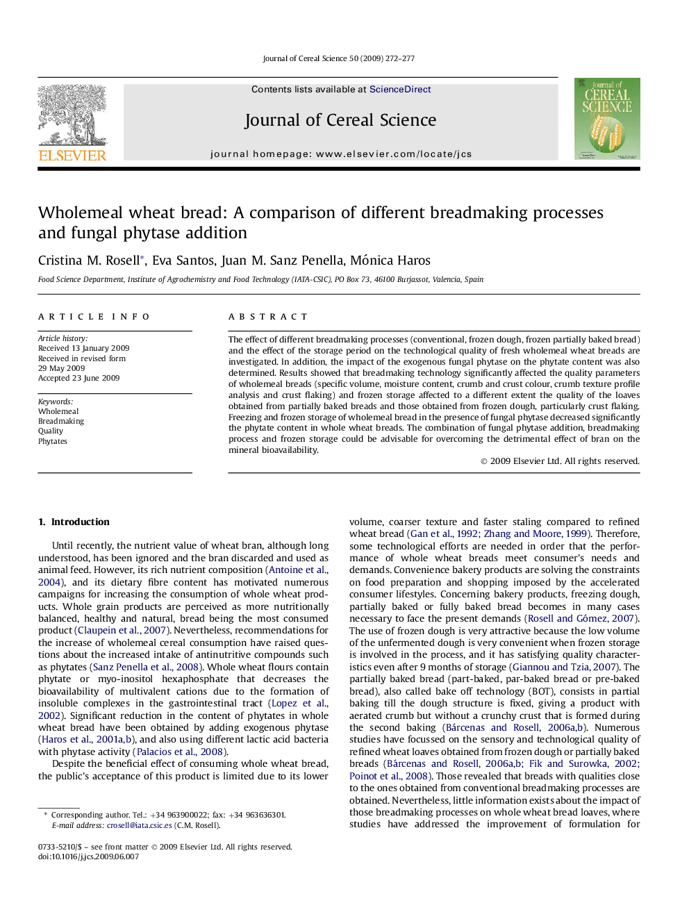 Wholemeal wheat bread: A comparison of different breadmaking processes and fungal phytase addition