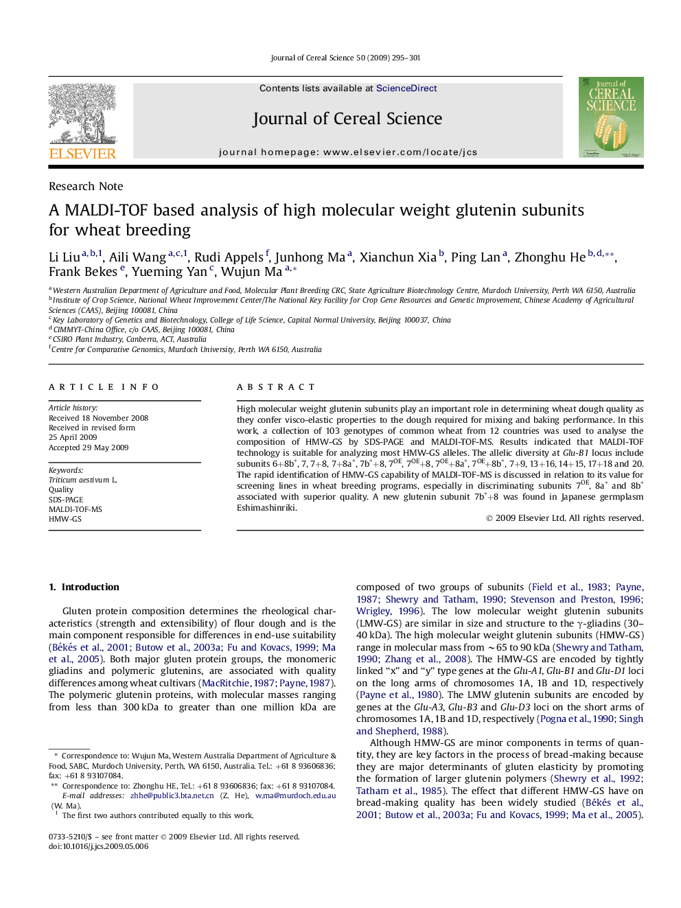 A MALDI-TOF based analysis of high molecular weight glutenin subunits for wheat breeding