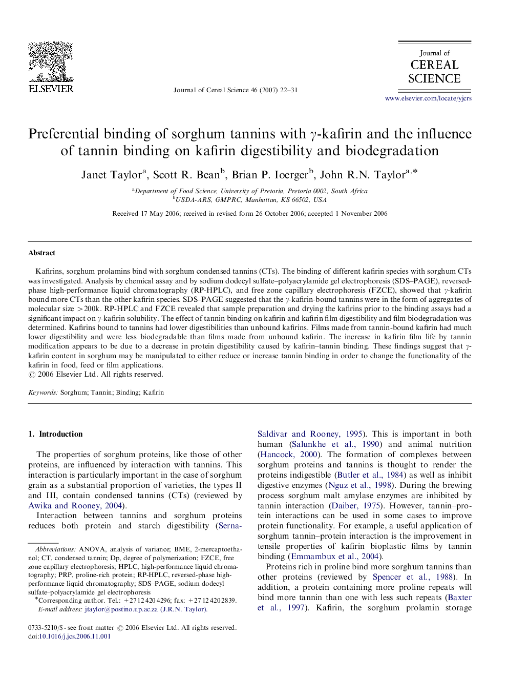 Preferential binding of sorghum tannins with γ-kafirin and the influence of tannin binding on kafirin digestibility and biodegradation