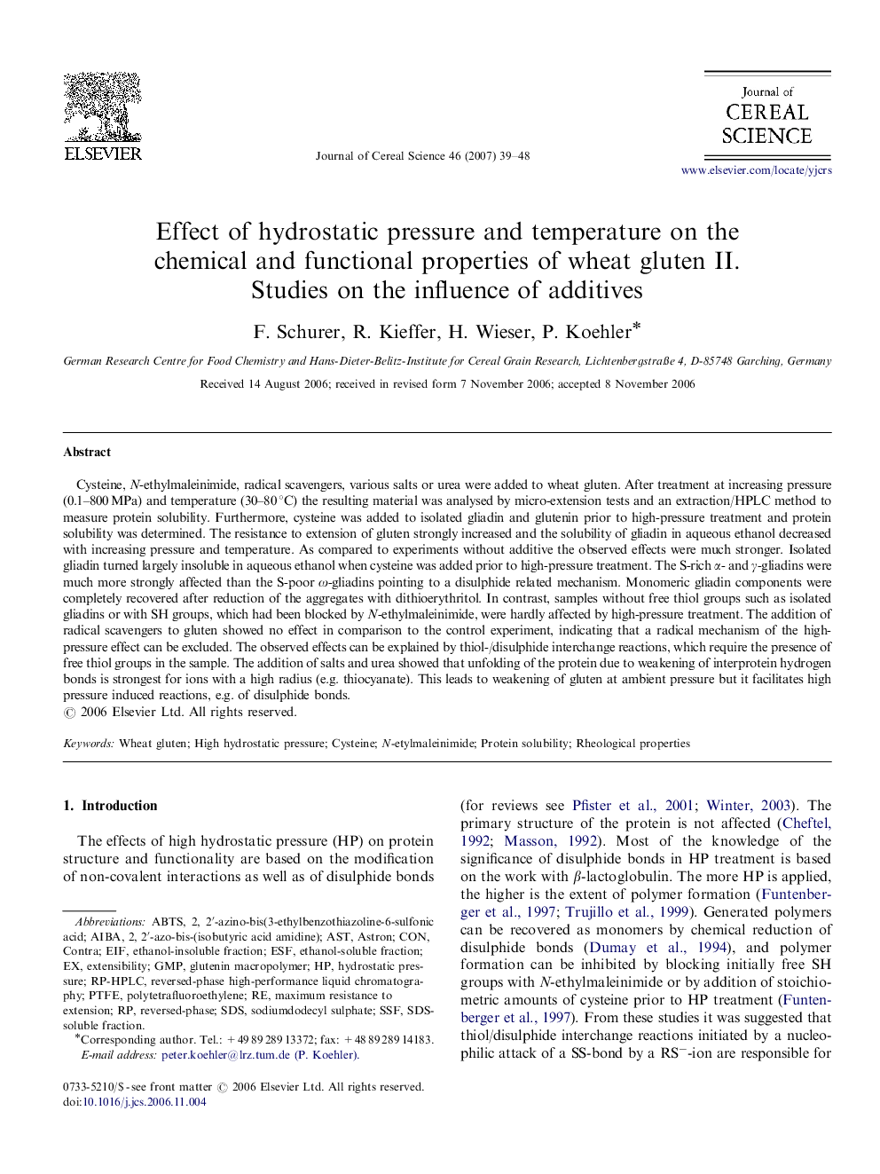 Effect of hydrostatic pressure and temperature on the chemical and functional properties of wheat gluten II. Studies on the influence of additives