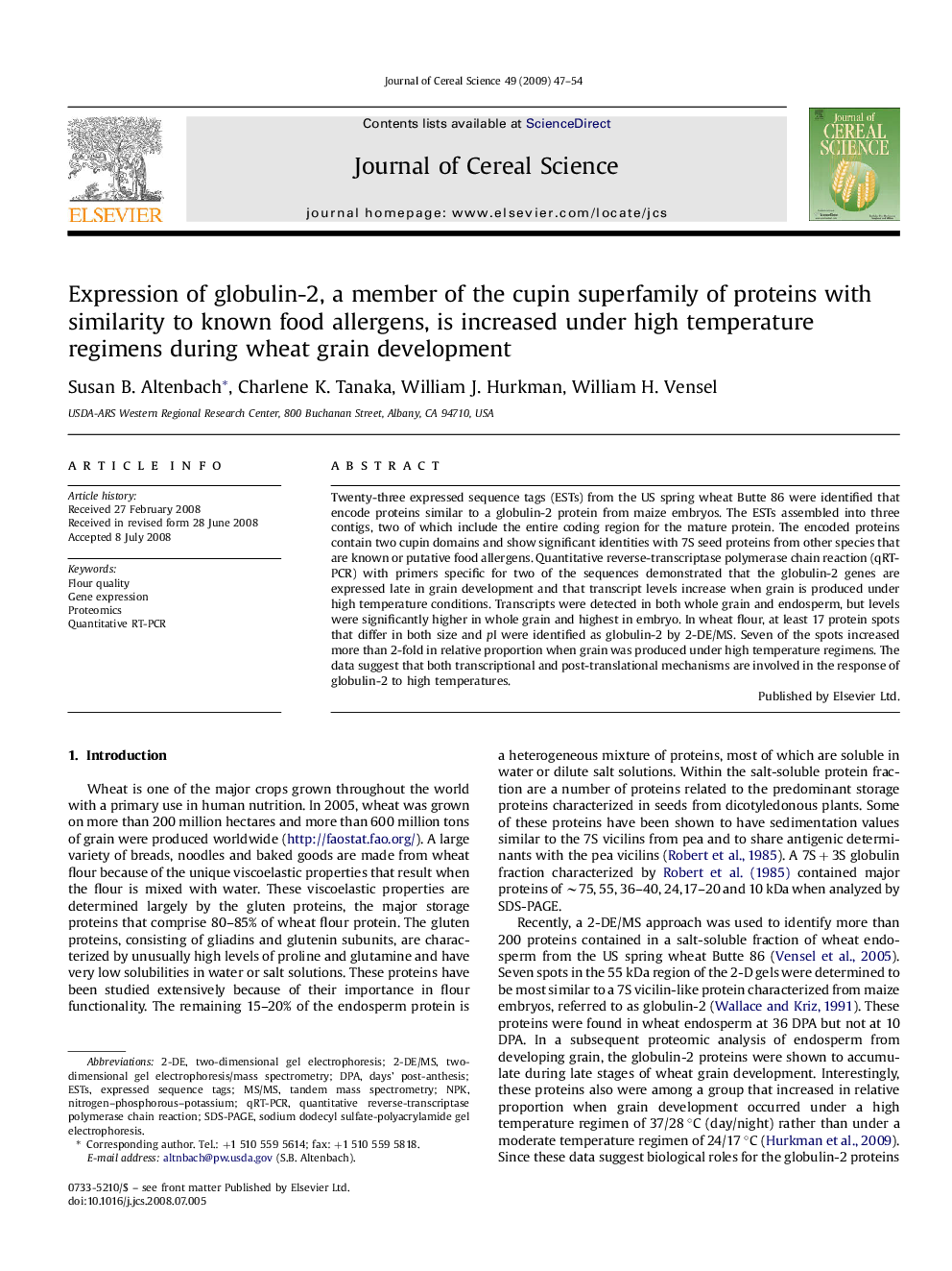 Expression of globulin-2, a member of the cupin superfamily of proteins with similarity to known food allergens, is increased under high temperature regimens during wheat grain development