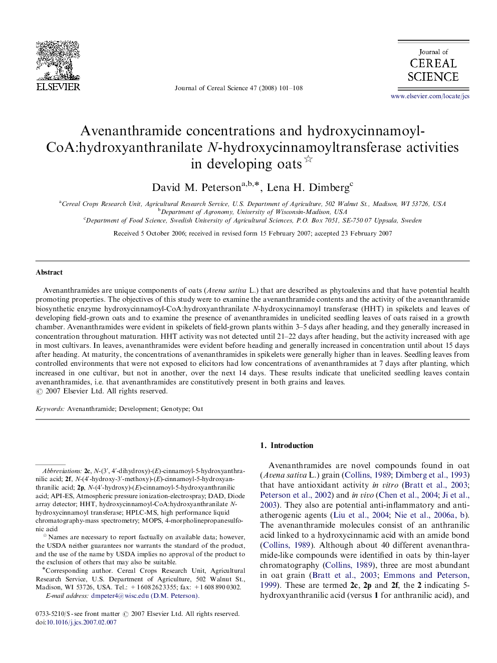 Avenanthramide concentrations and hydroxycinnamoyl-CoA:hydroxyanthranilate N-hydroxycinnamoyltransferase activities in developing oats 