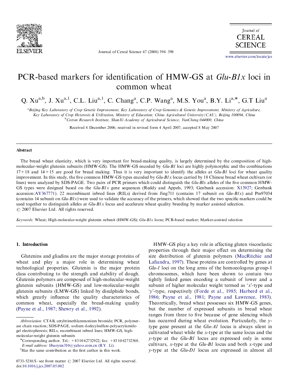 PCR-based markers for identification of HMW-GS at Glu-B1x loci in common wheat