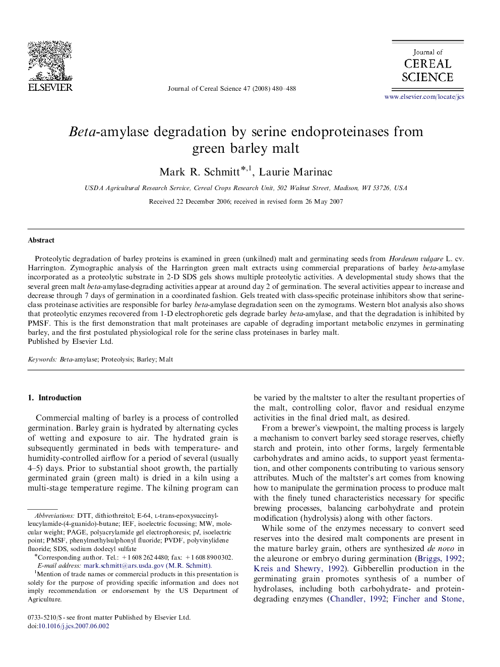 Beta-amylase degradation by serine endoproteinases from green barley malt