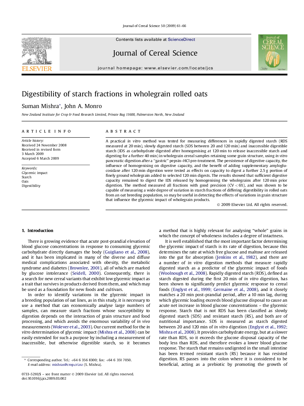 Digestibility of starch fractions in wholegrain rolled oats