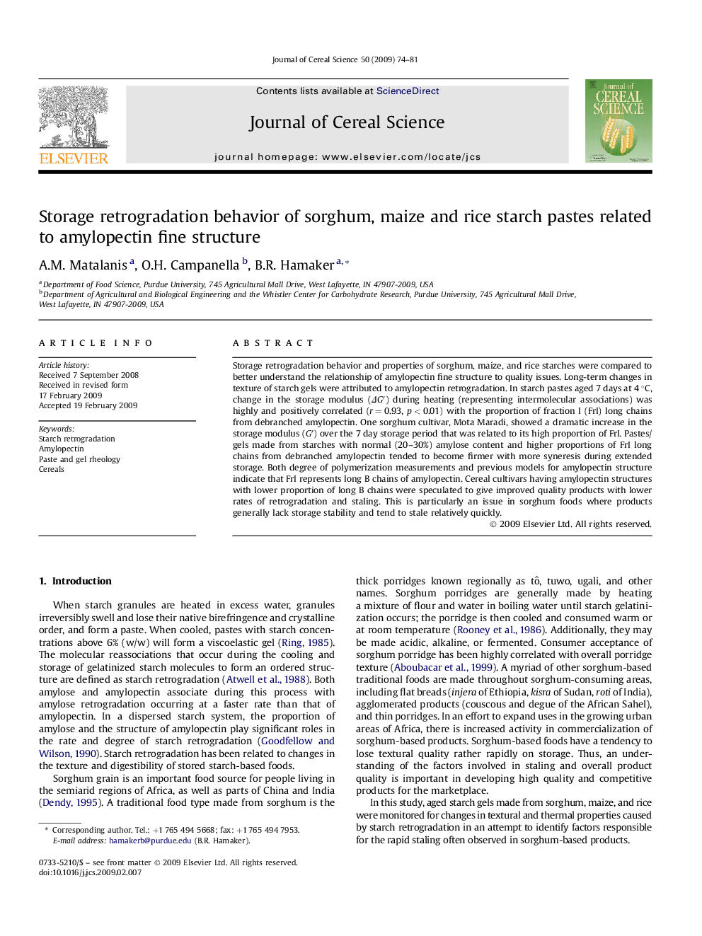 Storage retrogradation behavior of sorghum, maize and rice starch pastes related to amylopectin fine structure