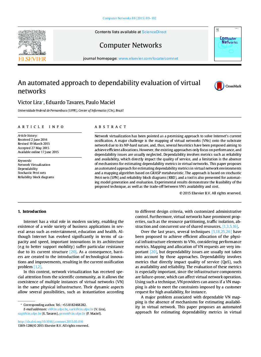 An automated approach to dependability evaluation of virtual networks