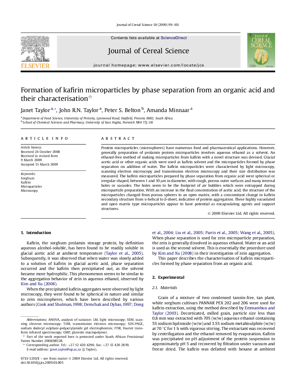 Formation of kafirin microparticles by phase separation from an organic acid and their characterisation 