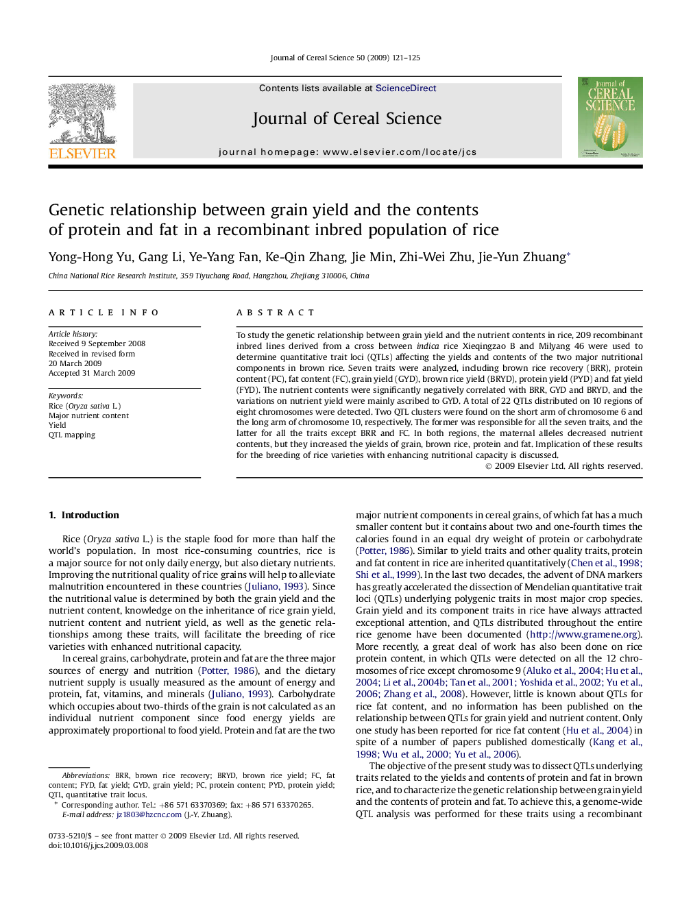 Genetic relationship between grain yield and the contents of protein and fat in a recombinant inbred population of rice