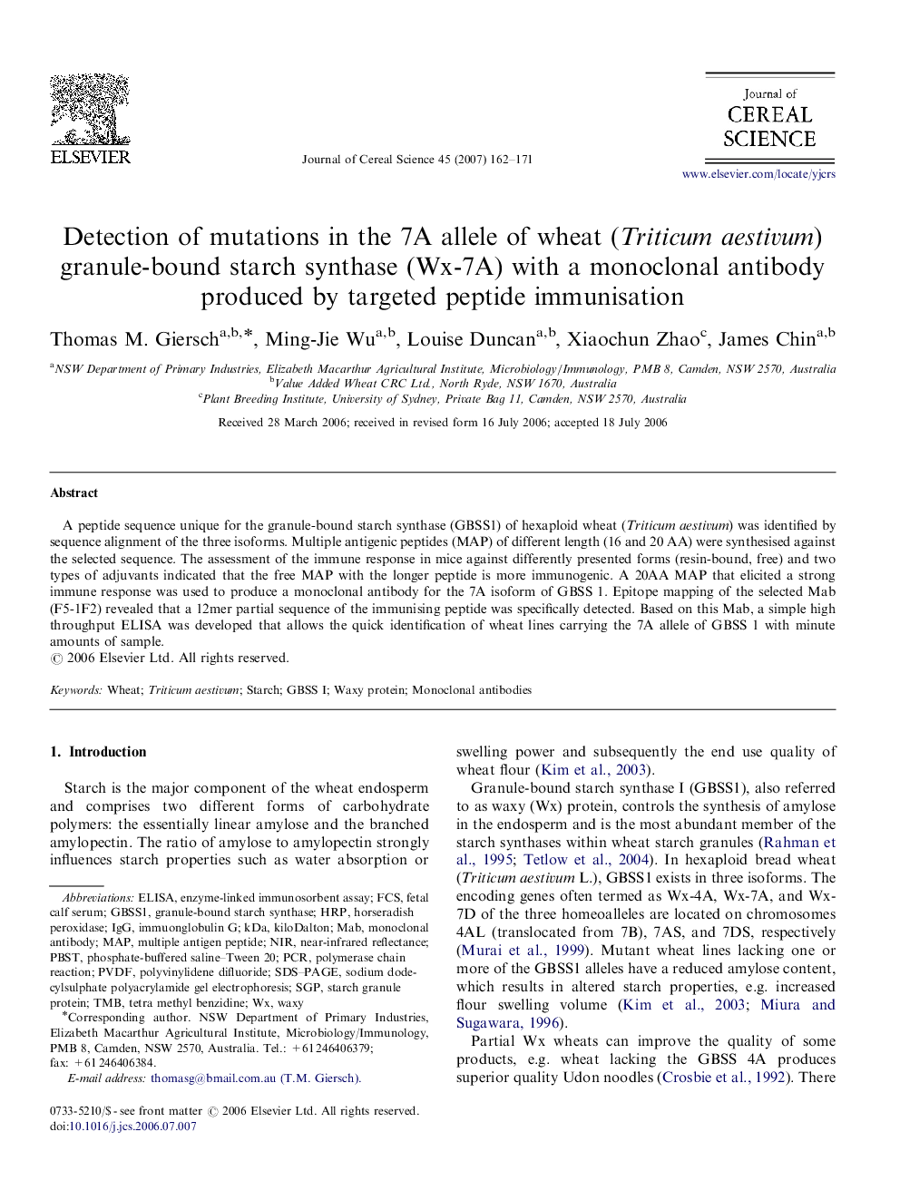 Detection of mutations in the 7A allele of wheat (Triticum aestivum) granule-bound starch synthase (Wx-7A) with a monoclonal antibody produced by targeted peptide immunisation